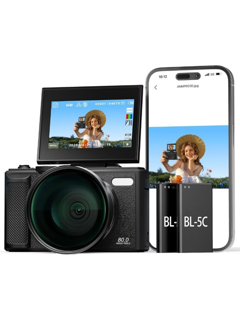 80MP Wi-Fi Digital Camera for Photography - 5K Resolution, 3" Flip Screen